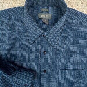 Bruno Sueded Mens Shirt Size Large Blue Geometric Long Sleeve Button Up Rayon